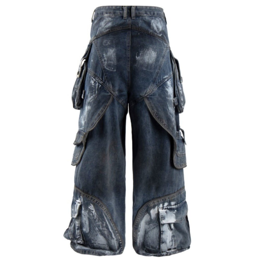 Distressed Multi - Pocket Cargo Wide Legs Jeans - Thrashink