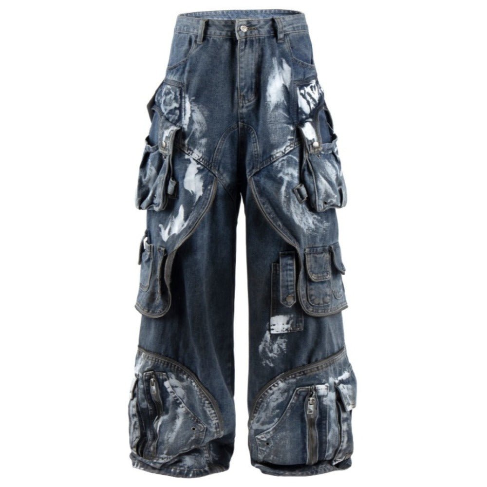 Distressed Multi - Pocket Cargo Wide Legs Jeans - Thrashink