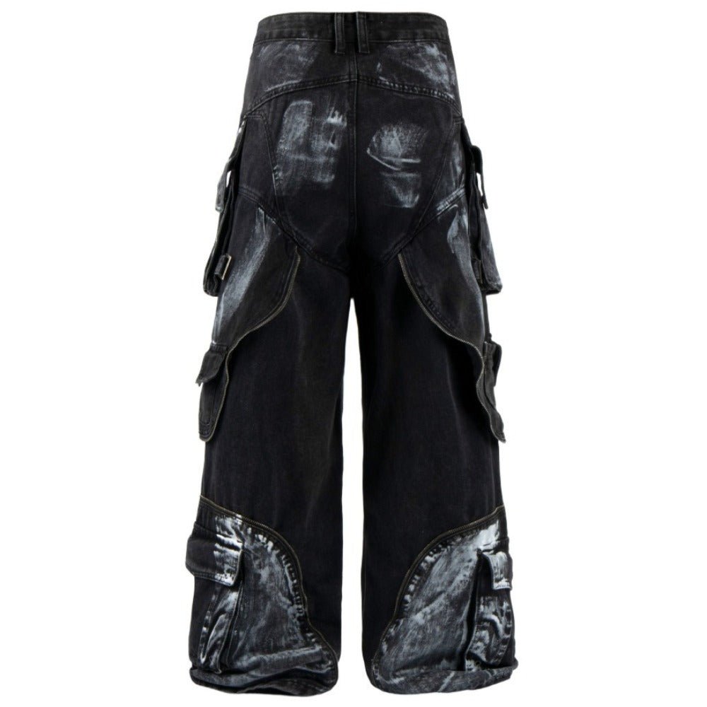 Distressed Multi - Pocket Cargo Wide Legs Jeans - Thrashink