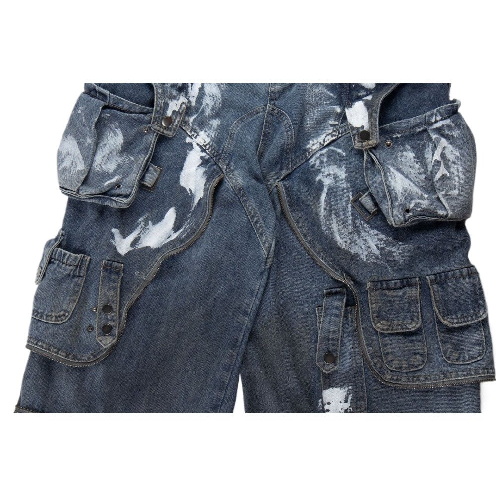 Distressed Multi - Pocket Cargo Wide Legs Jeans - Thrashink