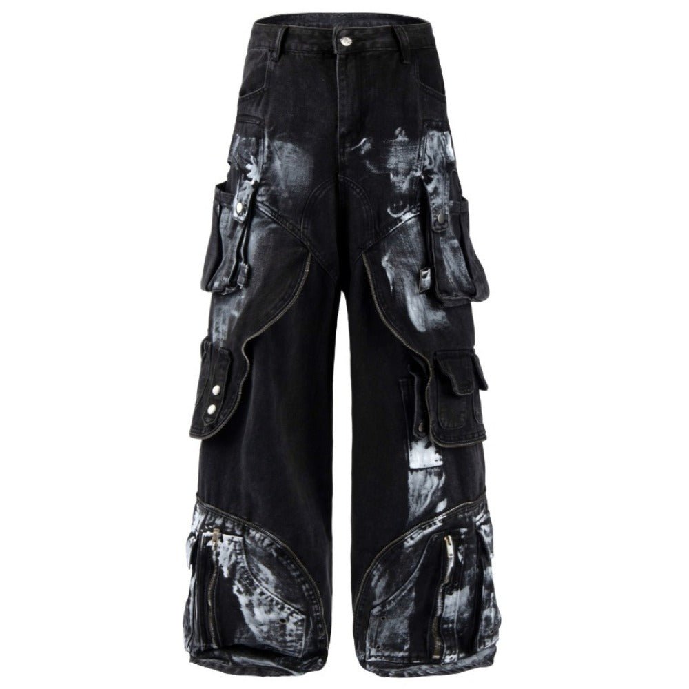 Distressed Multi - Pocket Cargo Wide Legs Jeans - Thrashink
