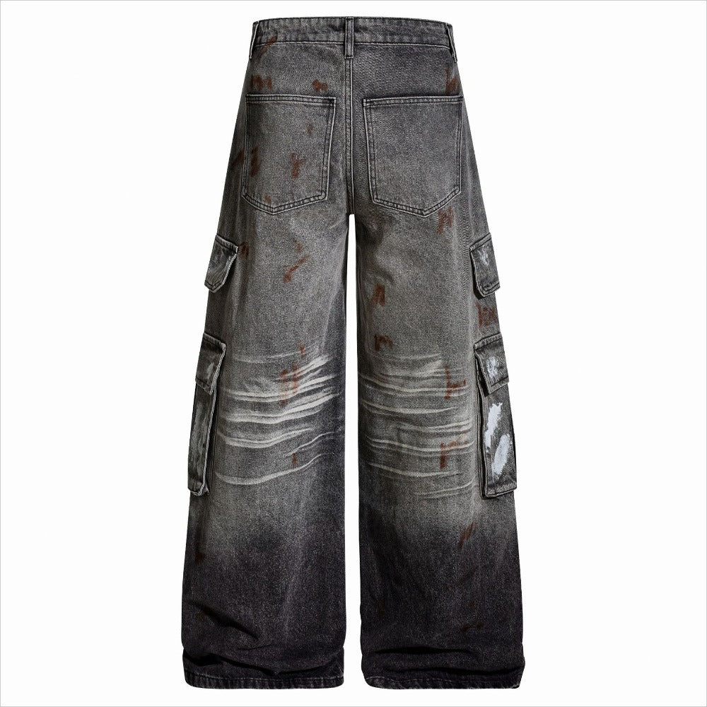 Distressed Multi - Pocket Ink Print Jeans - Thrashink