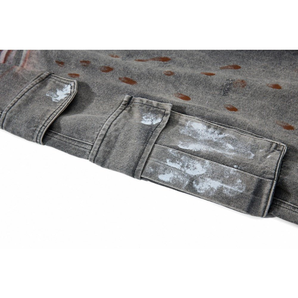 Distressed Multi - Pocket Ink Print Jeans - Thrashink