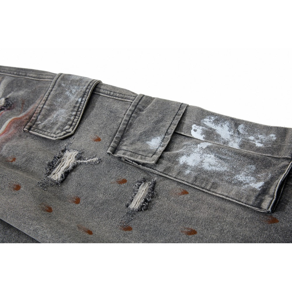 Distressed Multi - Pocket Ink Print Jeans - Thrashink