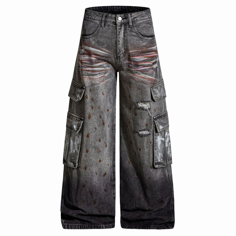 Distressed Multi - Pocket Ink Print Jeans - Thrashink