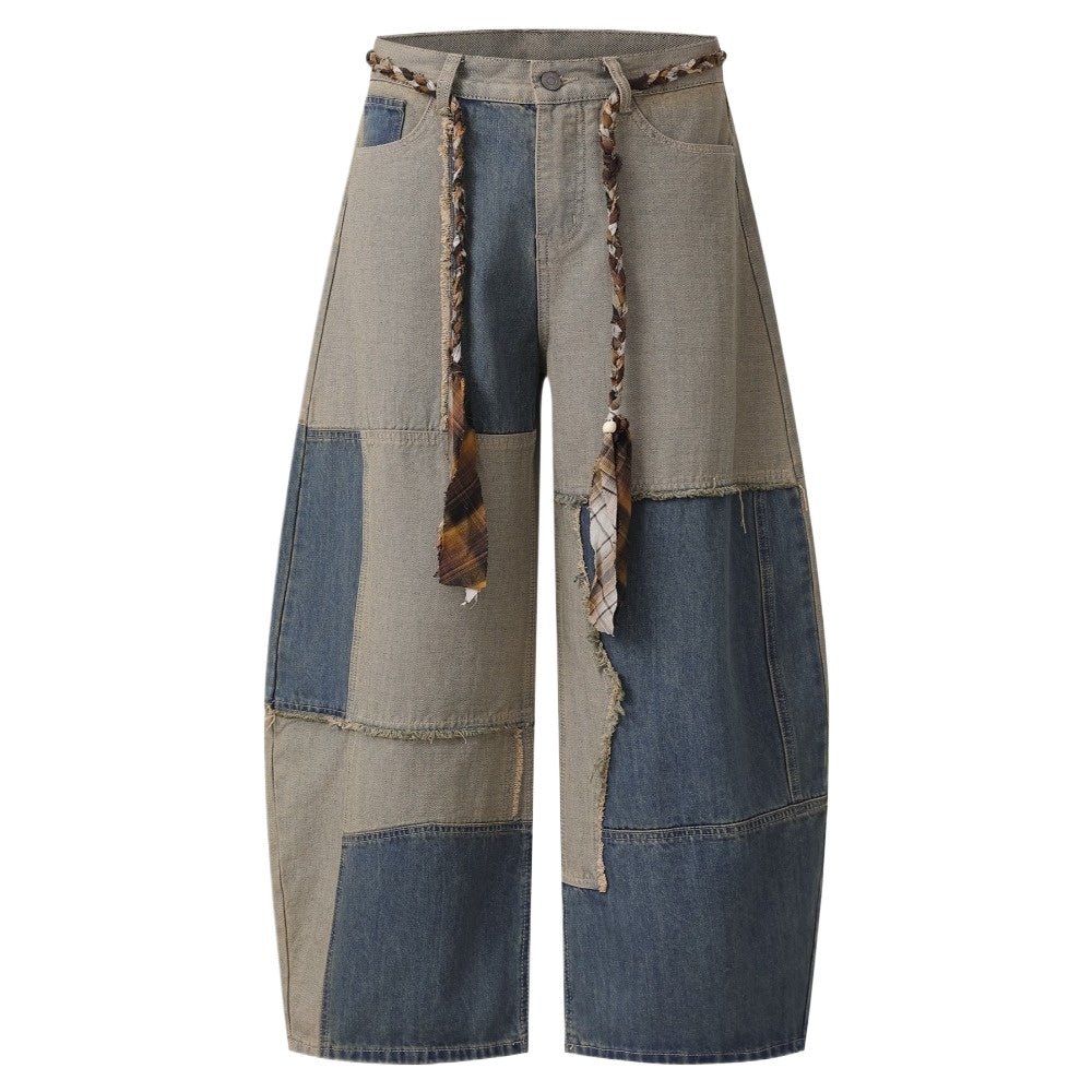 Distressed Patchwork Wide - leg Jeans - Thrashink