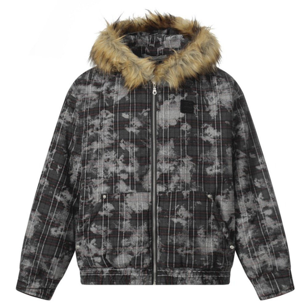 Distressed Plaid Faux Fur Hooded Padded Jacket - Thrashink