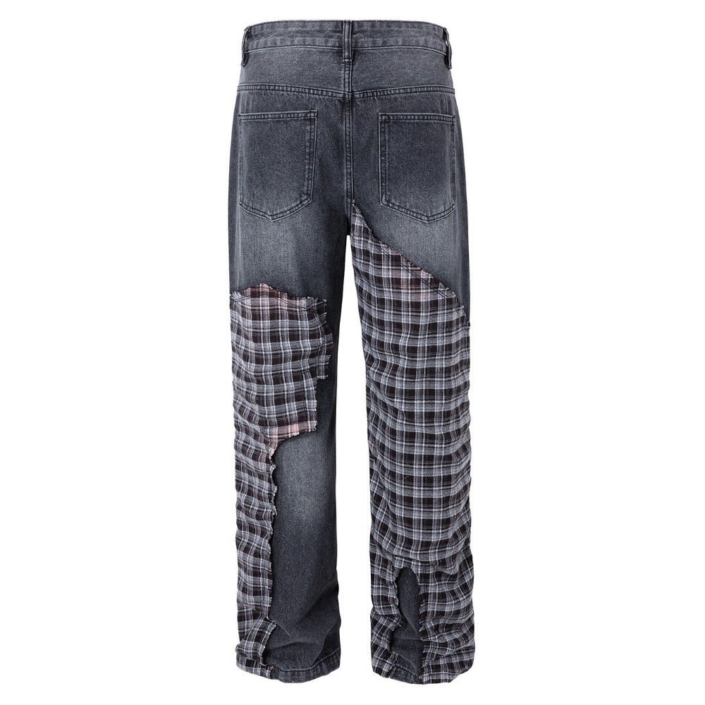 Distressed Plaid Patchwork Jeans - Thrashink