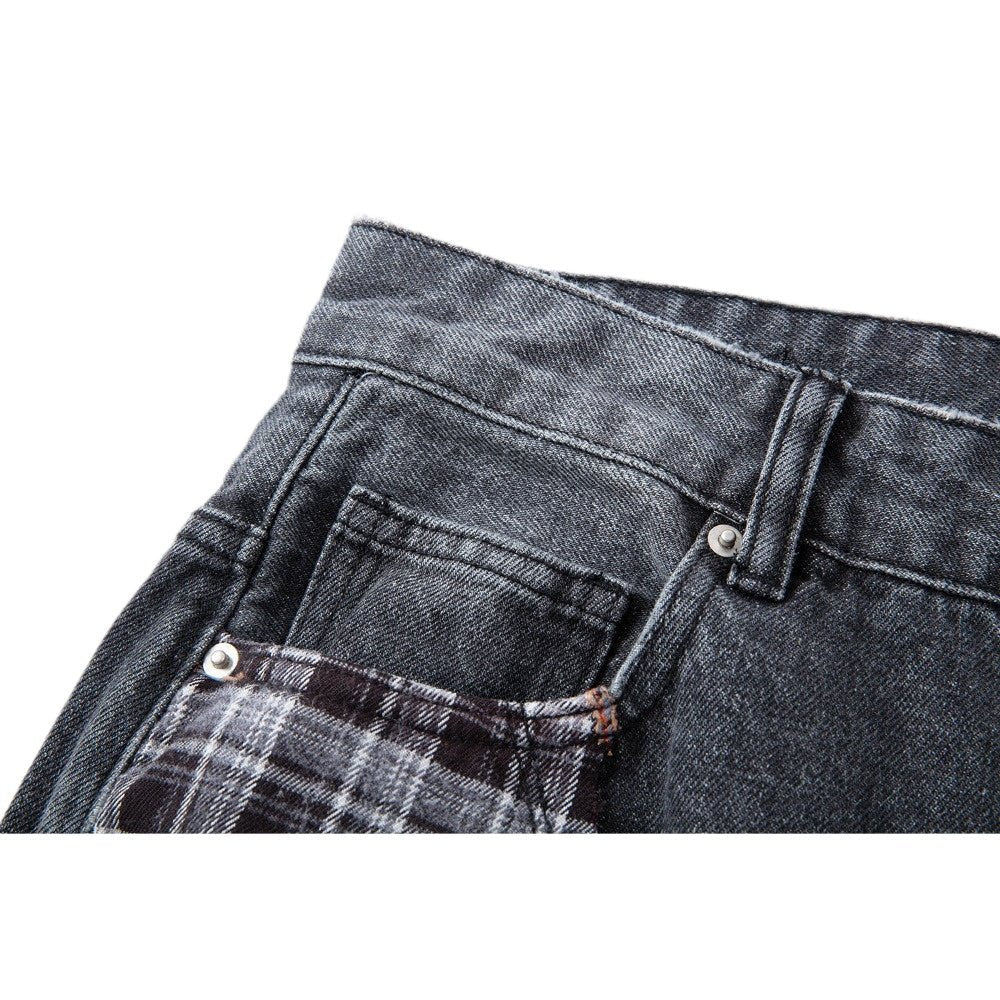 Distressed Plaid Patchwork Jeans - Thrashink
