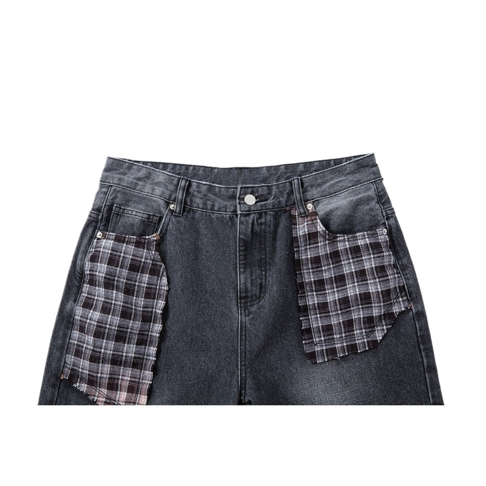 Distressed Plaid Patchwork Jeans - Thrashink