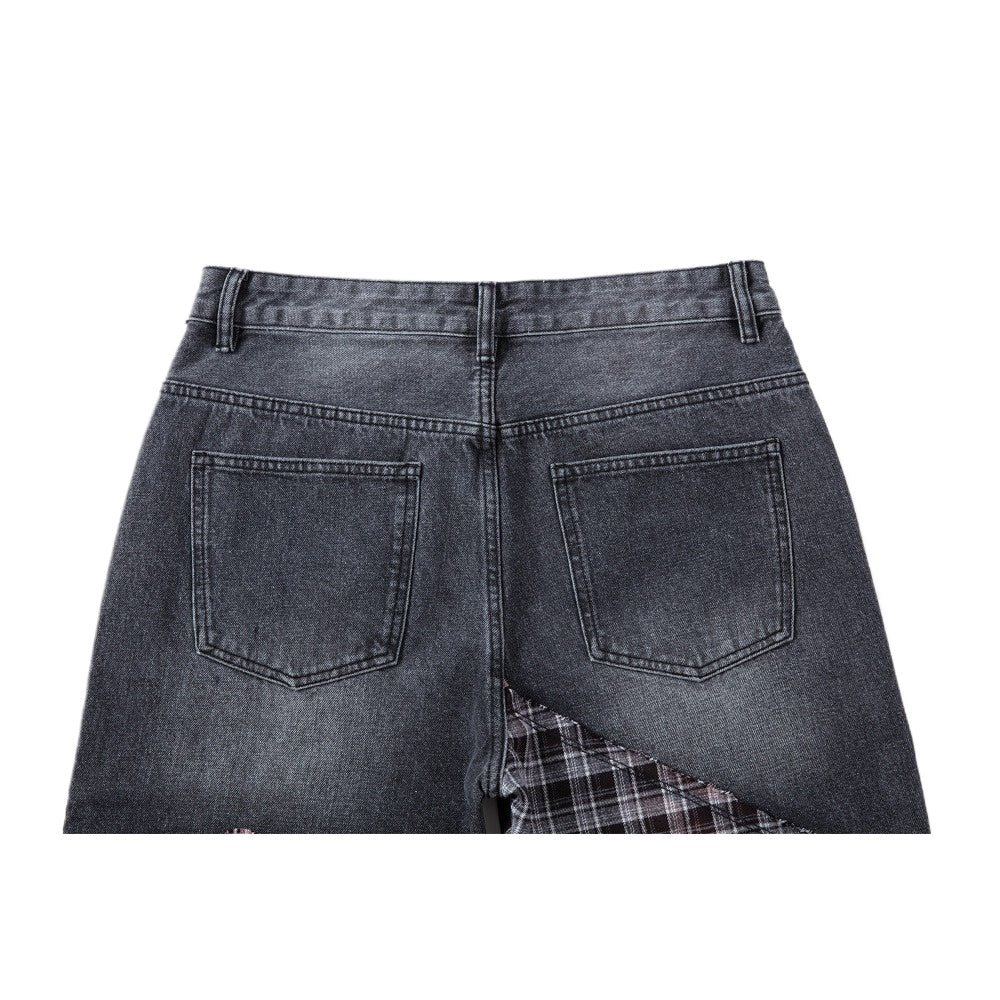 Distressed Plaid Patchwork Jeans - Thrashink