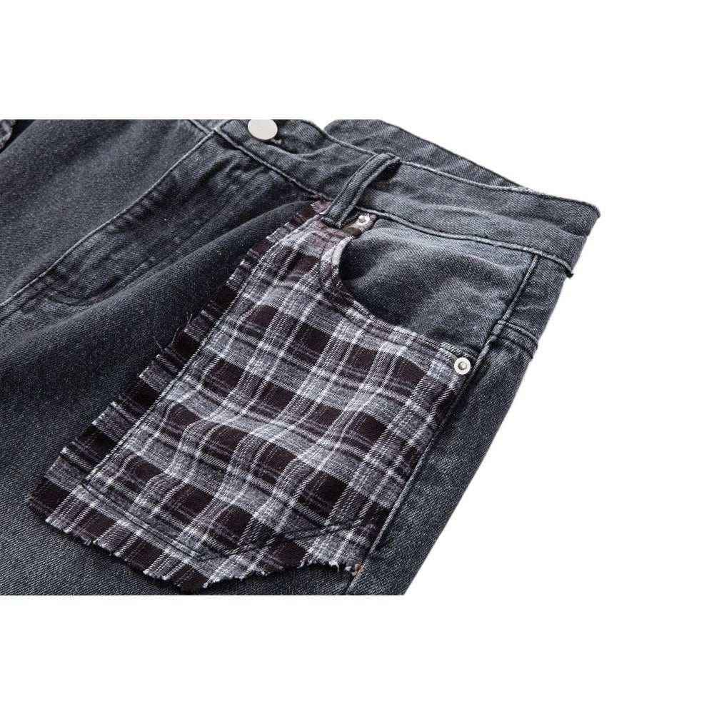 Distressed Plaid Patchwork Jeans - Thrashink
