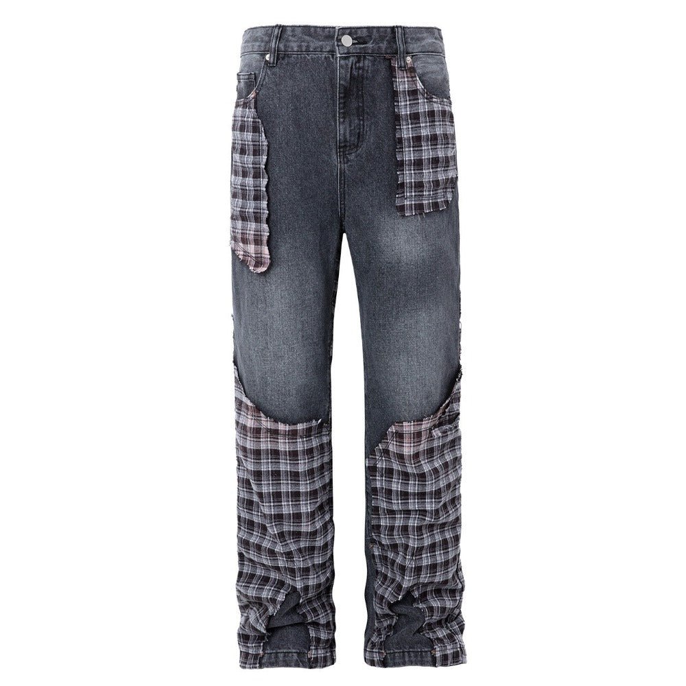 Distressed Plaid Patchwork Jeans - Thrashink