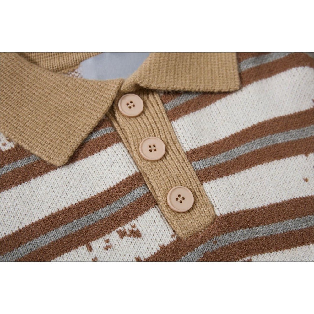 Distressed Stripe Polo Sweater - Thrashink