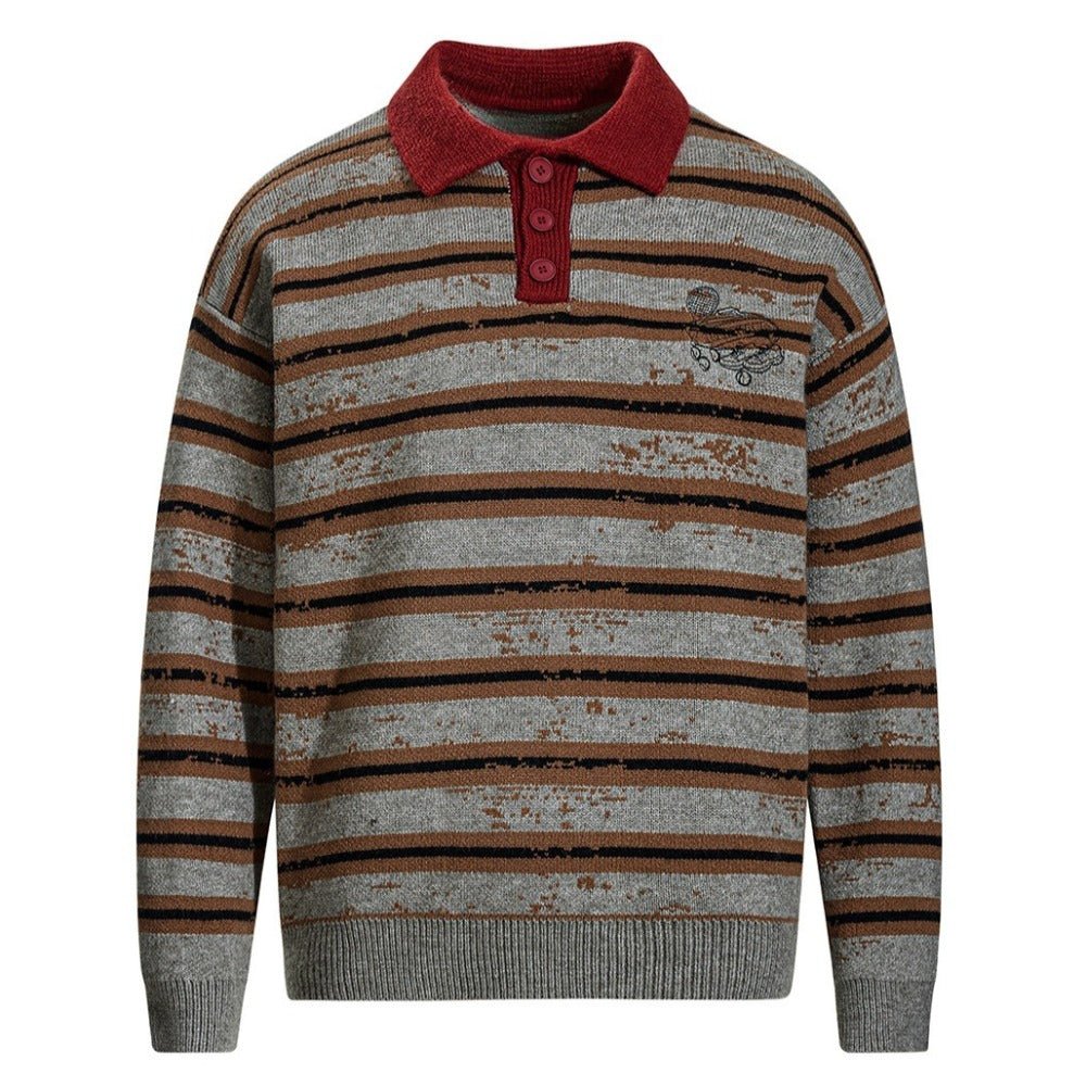 Distressed Stripe Polo Sweater - Thrashink