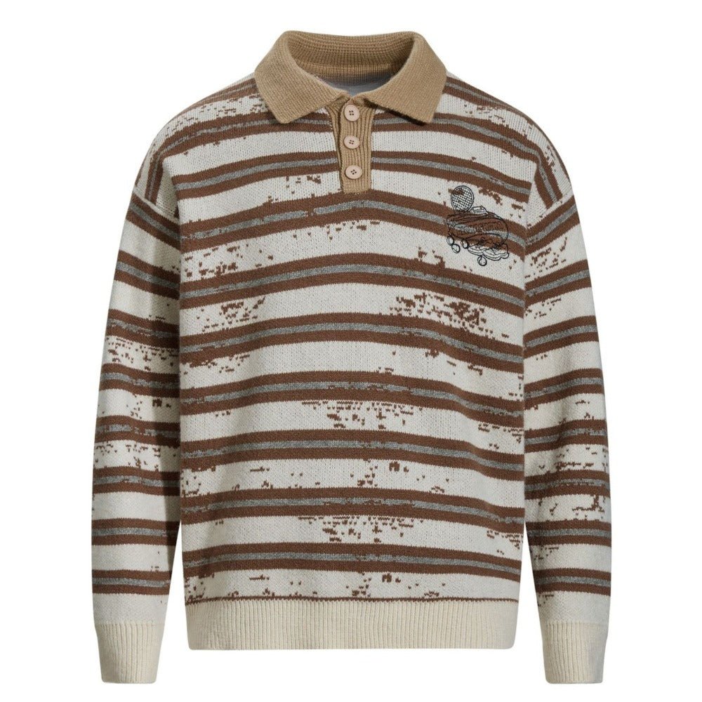 Distressed Stripe Polo Sweater - Thrashink