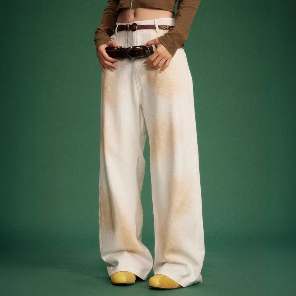 Double - hole Yellow Mud - dyed Washed Jeans - Thrashink