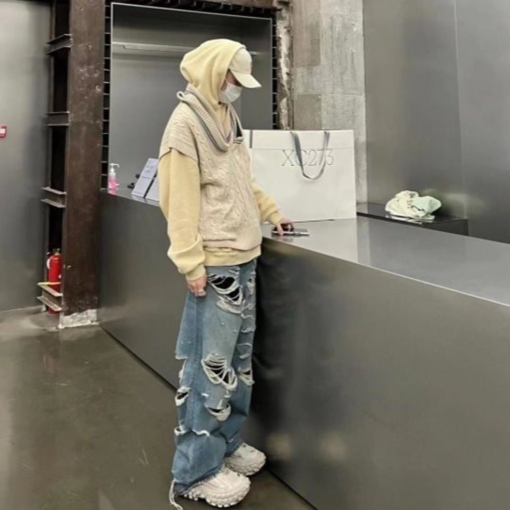 Double - layered Fringed Distressed Jeans - Thrashink