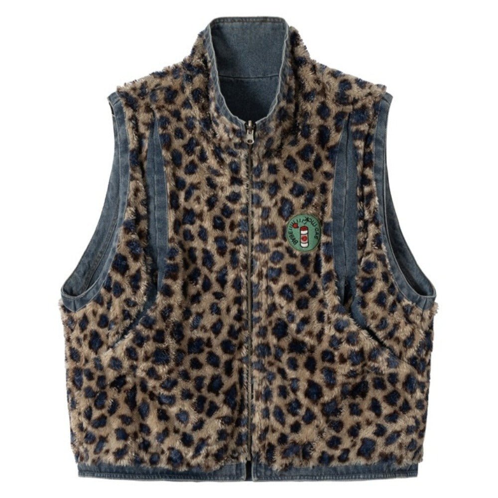 Double - sided Washed Denim Leopard Plush Vest - Thrashink