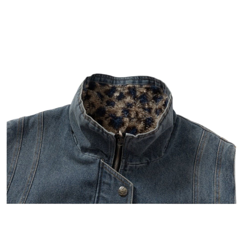 Double - sided Washed Denim Leopard Plush Vest - Thrashink