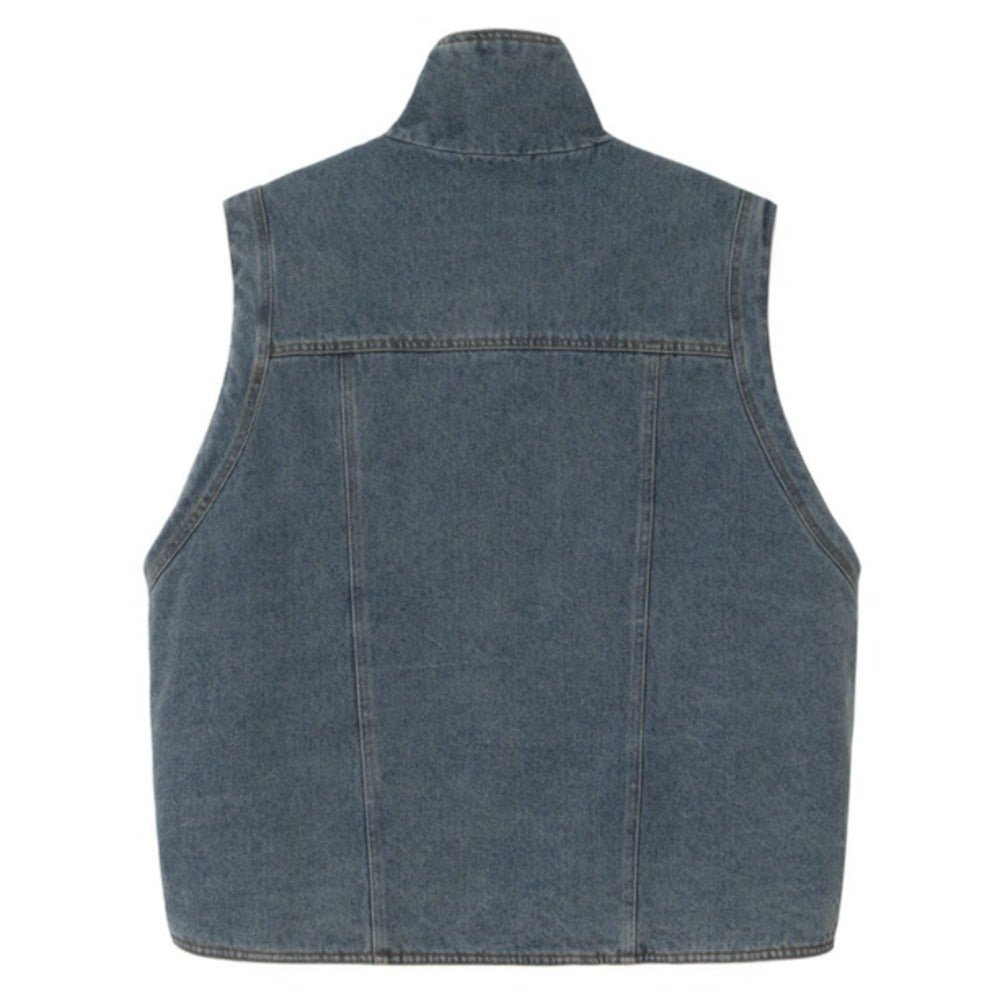 Double - sided Washed Denim Leopard Plush Vest - Thrashink