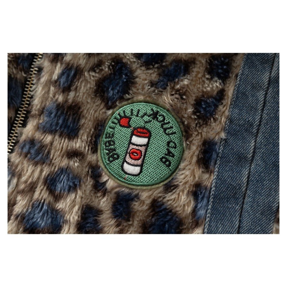 Double - sided Washed Denim Leopard Plush Vest - Thrashink