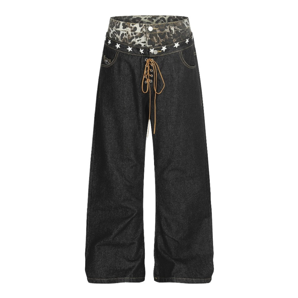Double Waistband Leopard Print and Star Jeans - Thrashink