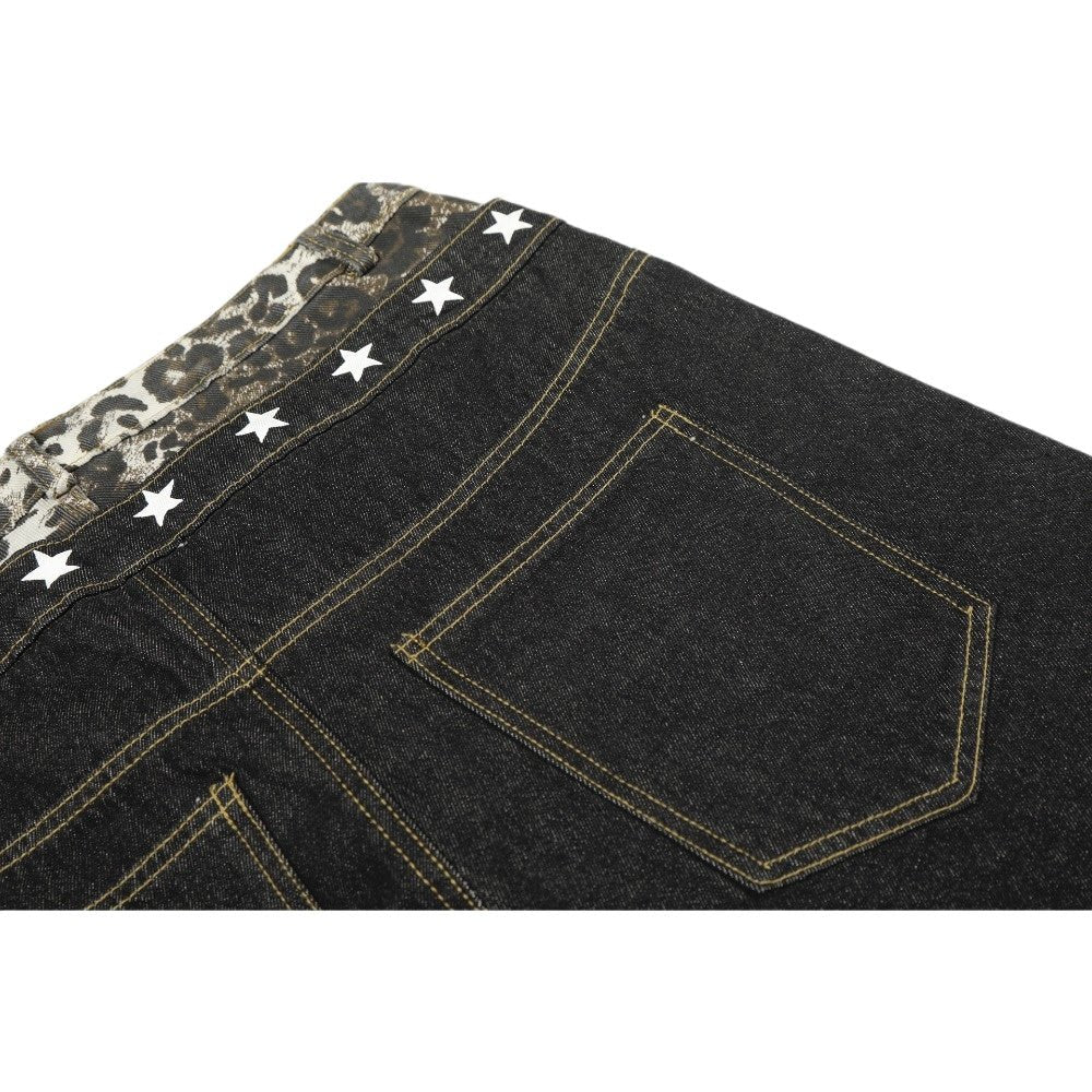 Double Waistband Leopard Print and Star Jeans - Thrashink