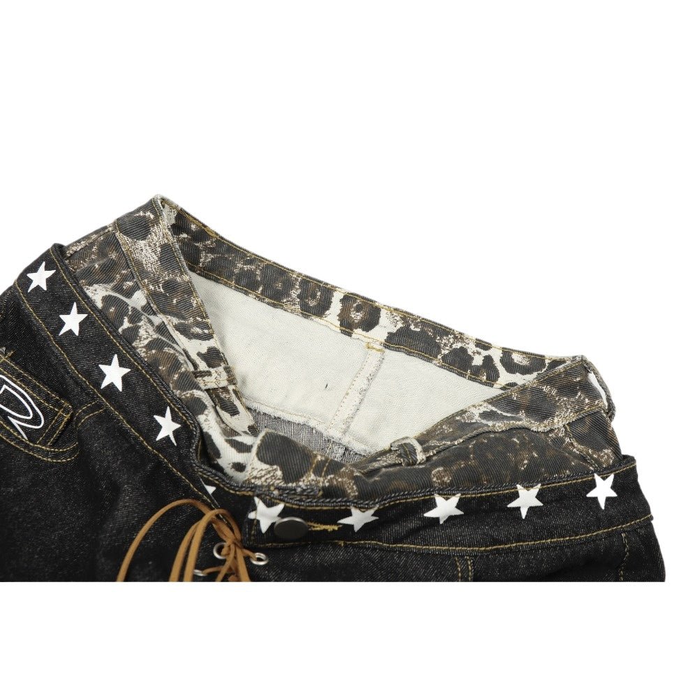 Double Waistband Leopard Print and Star Jeans - Thrashink