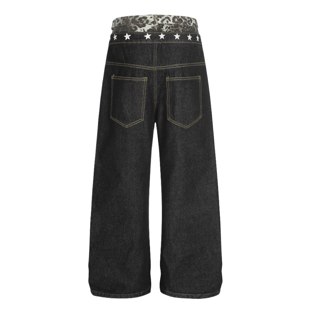 Double Waistband Leopard Print and Star Jeans - Thrashink