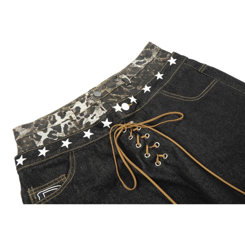 Double Waistband Leopard Print and Star Jeans - Thrashink
