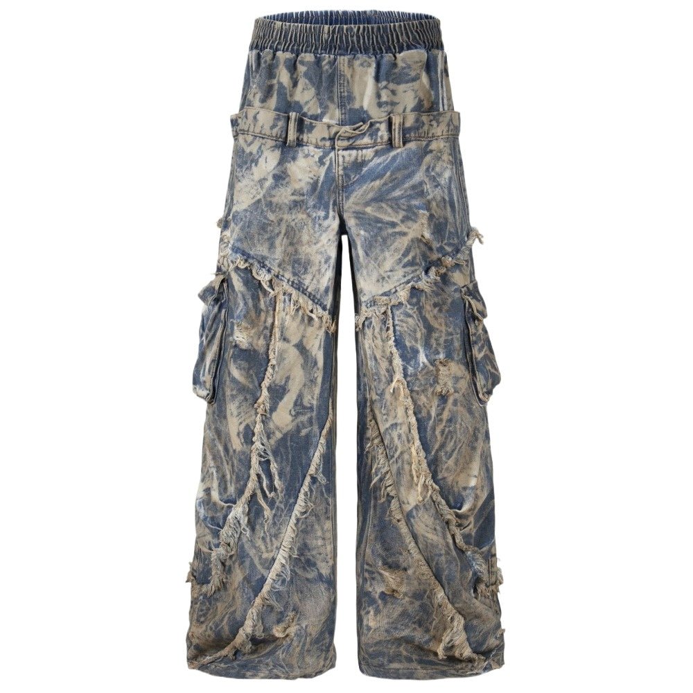 Dual - Waist Distressed Cargo Wide - Leg Jeans - Thrashink