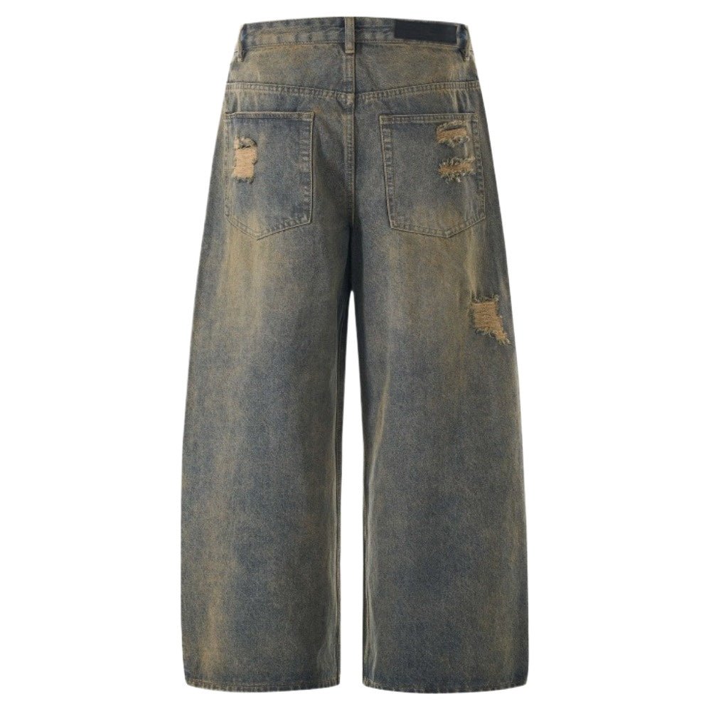 Eagle Print Distressed Wide - Leg Denim Jeans - Thrashink