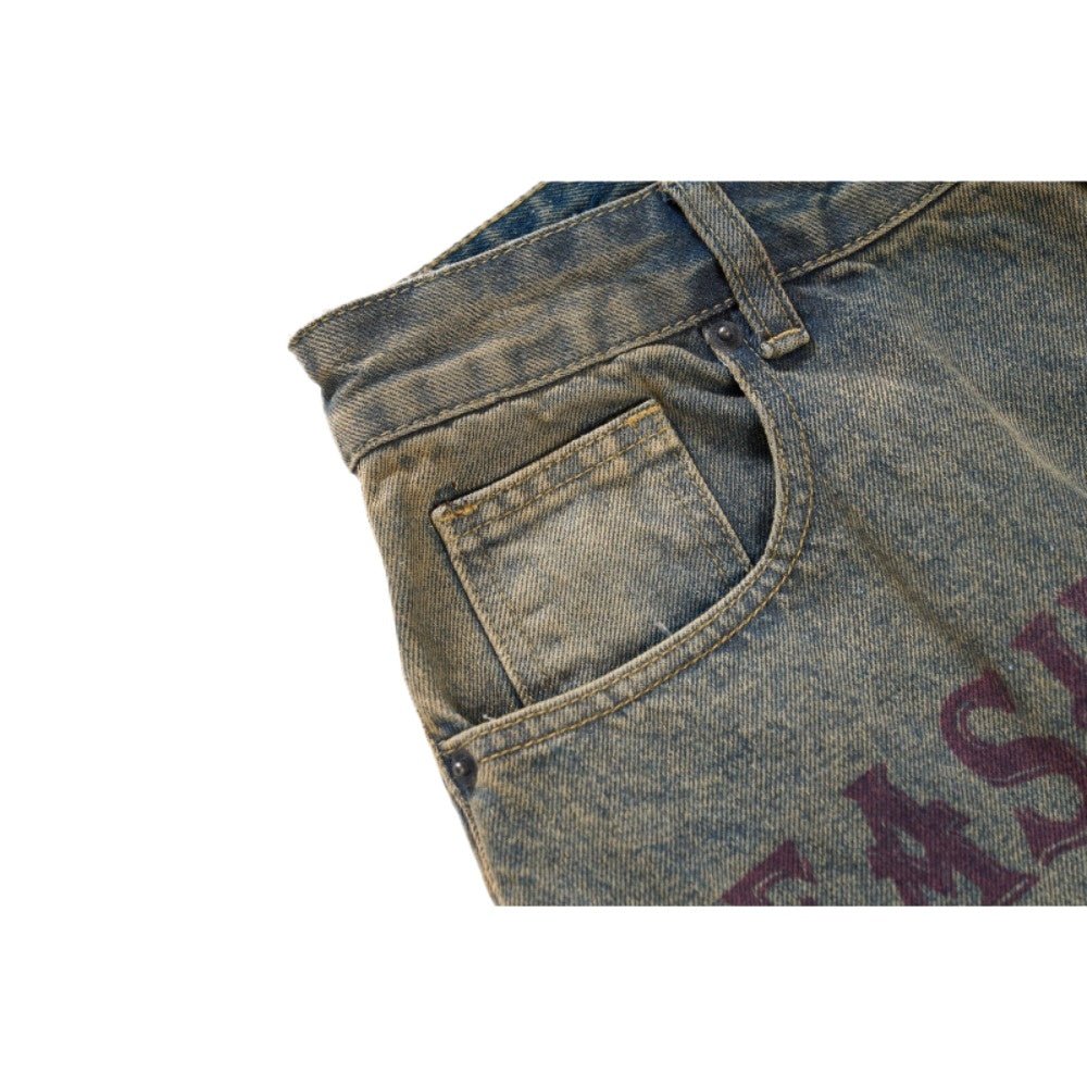 Eagle Print Distressed Wide - Leg Denim Jeans - Thrashink