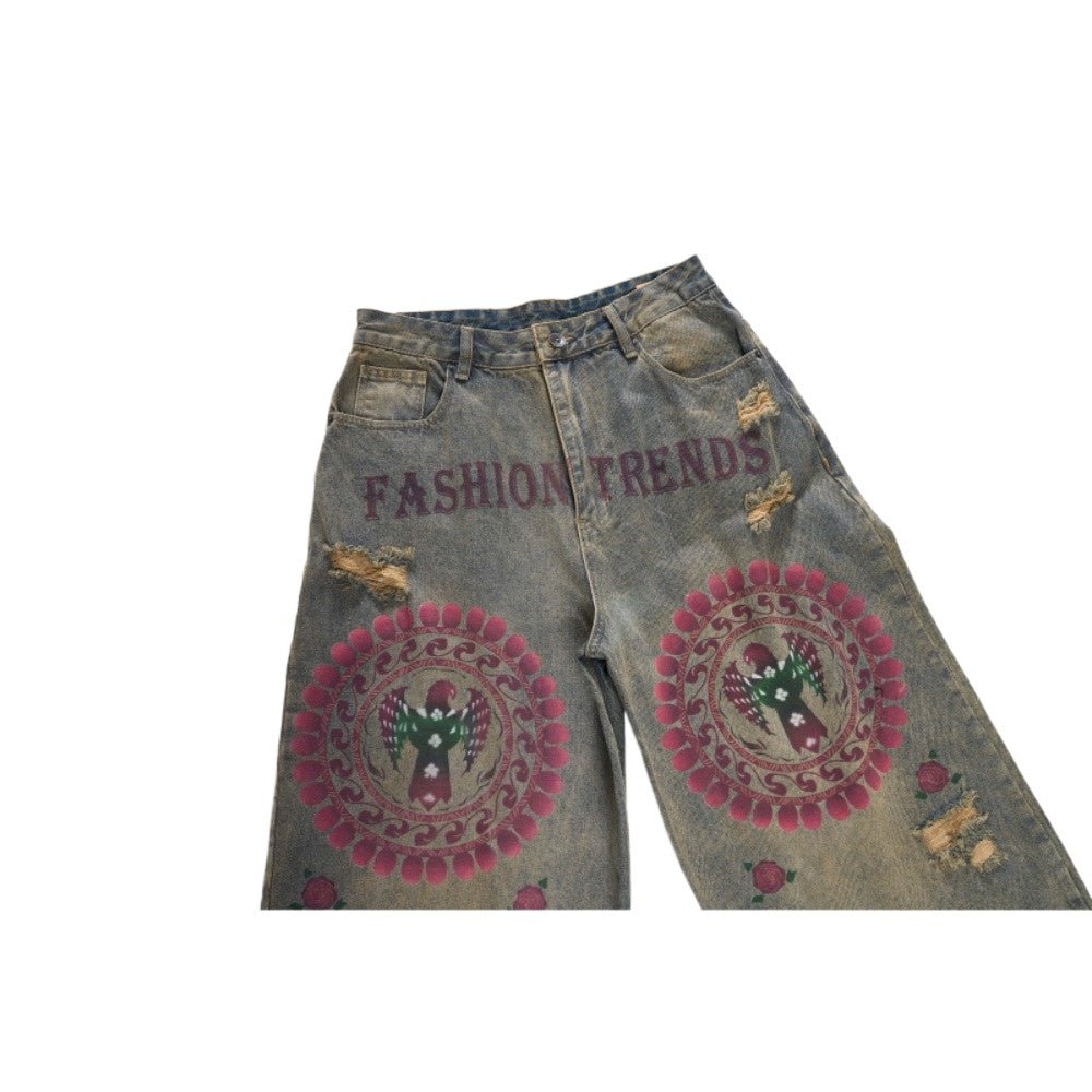 Eagle Print Distressed Wide - Leg Denim Jeans - Thrashink