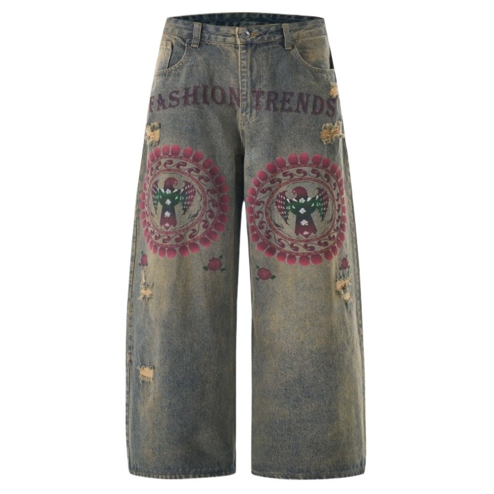 Eagle Print Distressed Wide - Leg Denim Jeans - Thrashink