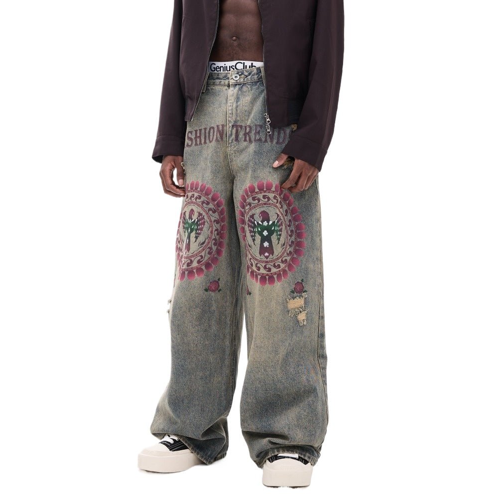 Eagle Print Distressed Wide - Leg Denim Jeans - Thrashink