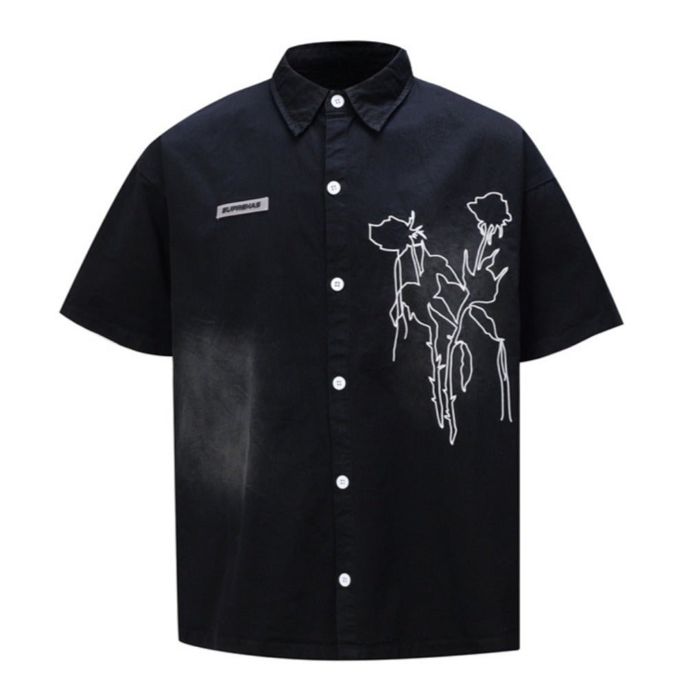 Fade Sketch Flora Embroidered Pattern Shirt - Thrashink