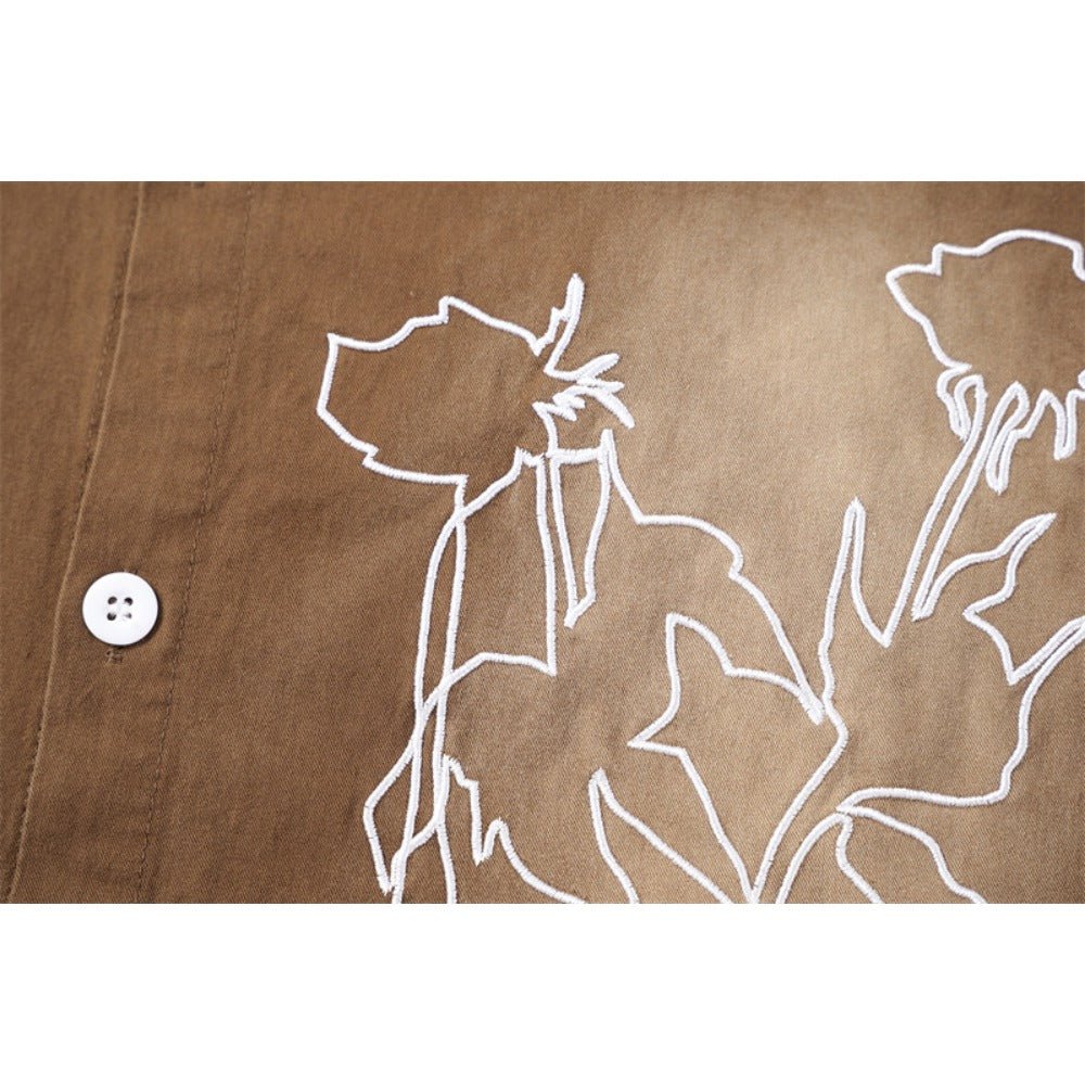 Fade Sketch Flora Embroidered Pattern Shirt - Thrashink