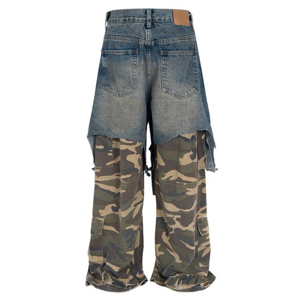Fake Two - piece Distressed Camouflage Cargo Pants - Thrashink