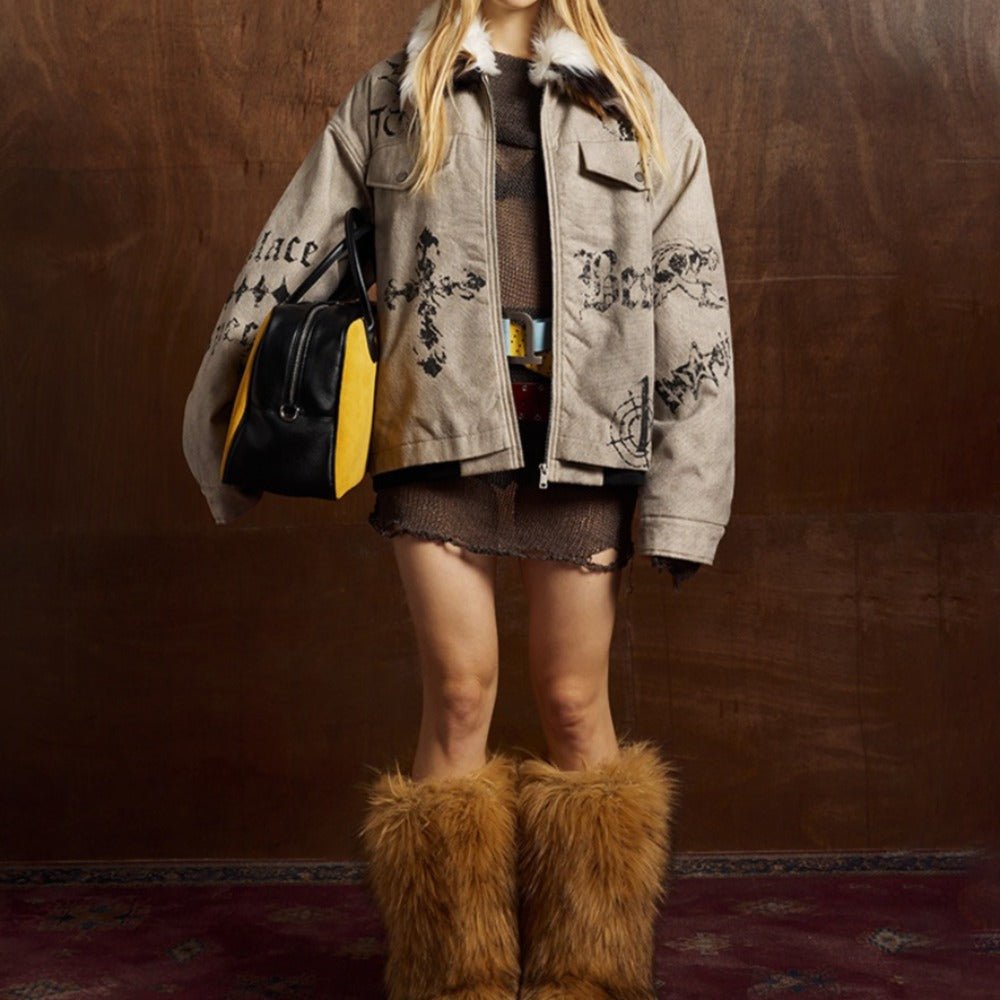 Faux Fur Collar Graffiti Print Padded Jacket - Thrashink