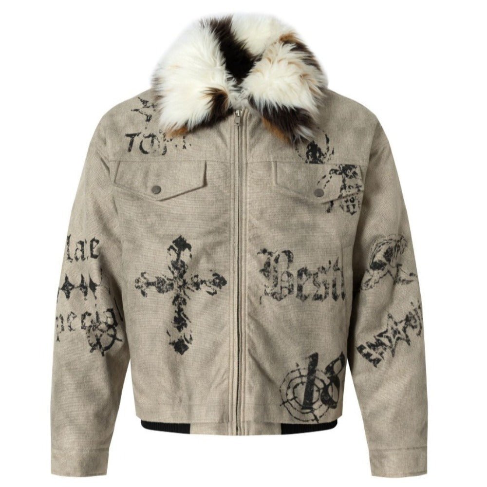 Faux Fur Collar Graffiti Print Padded Jacket - Thrashink