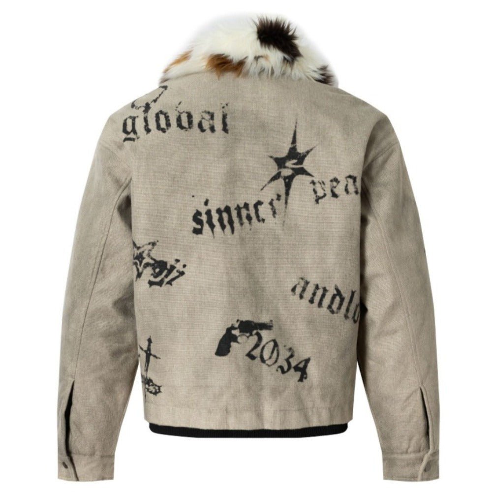 Faux Fur Collar Graffiti Print Padded Jacket - Thrashink