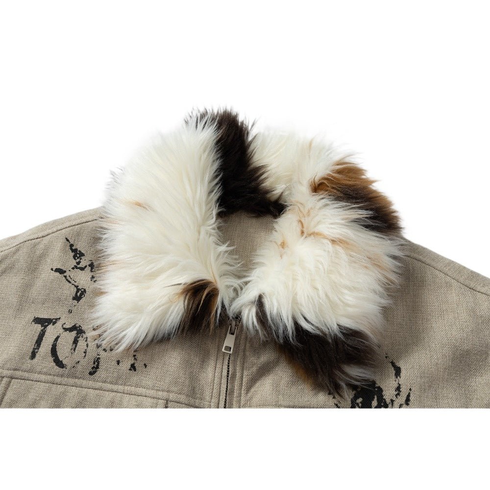 Faux Fur Collar Graffiti Print Padded Jacket - Thrashink