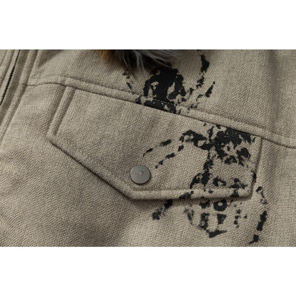 Faux Fur Collar Graffiti Print Padded Jacket - Thrashink