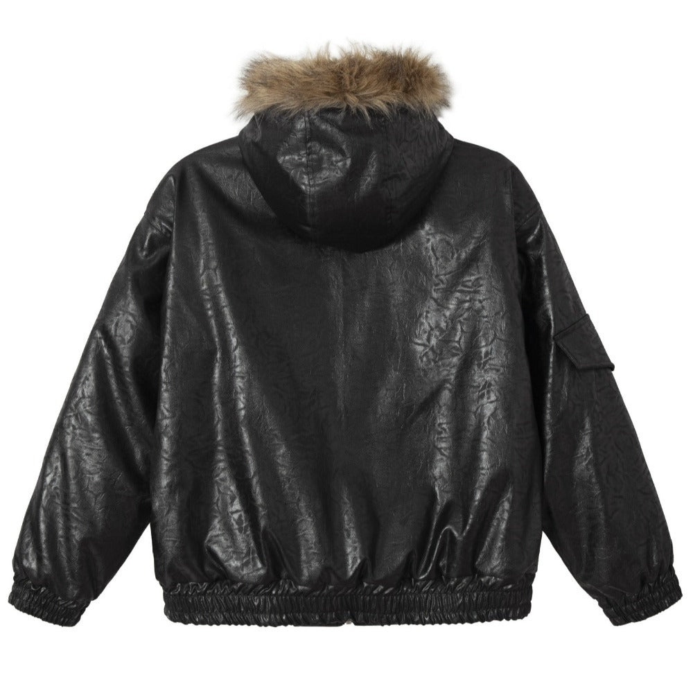 Faux Fur Trimmed Leather Hooded Padded Jacket - Thrashink