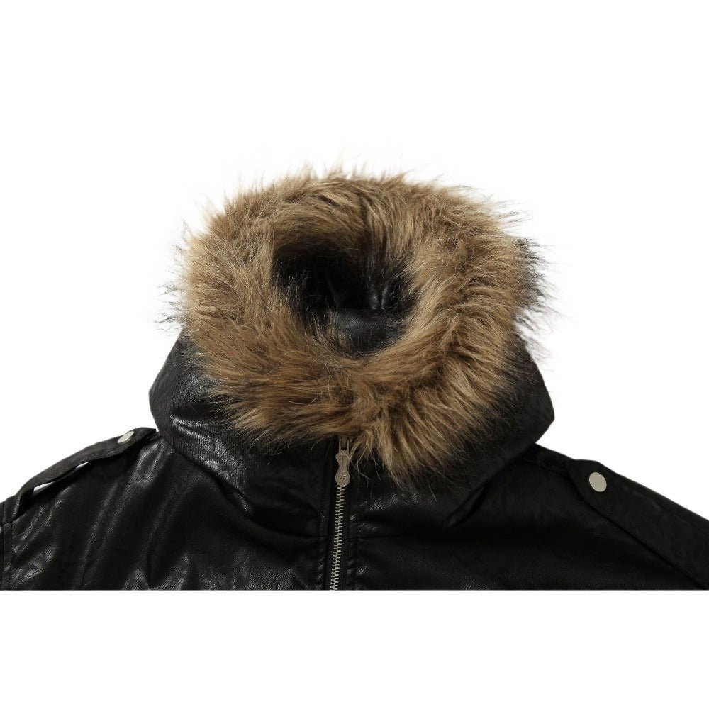 Faux Fur Trimmed Leather Hooded Padded Jacket - Thrashink