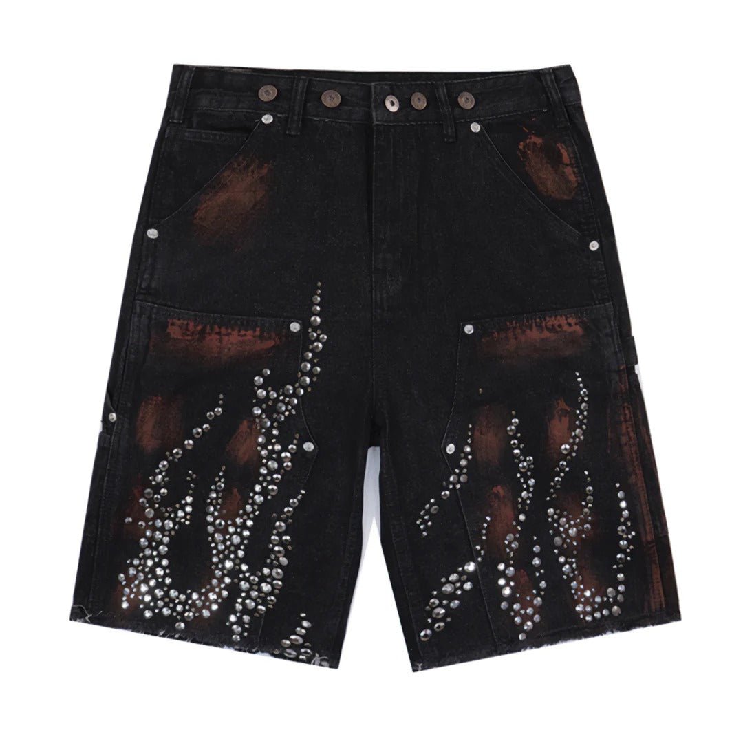 Flame Studded Denim Shorts - Thrashink