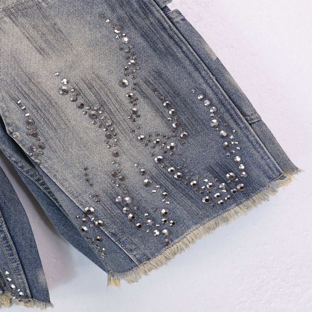 Flame Studded Denim Shorts - Thrashink