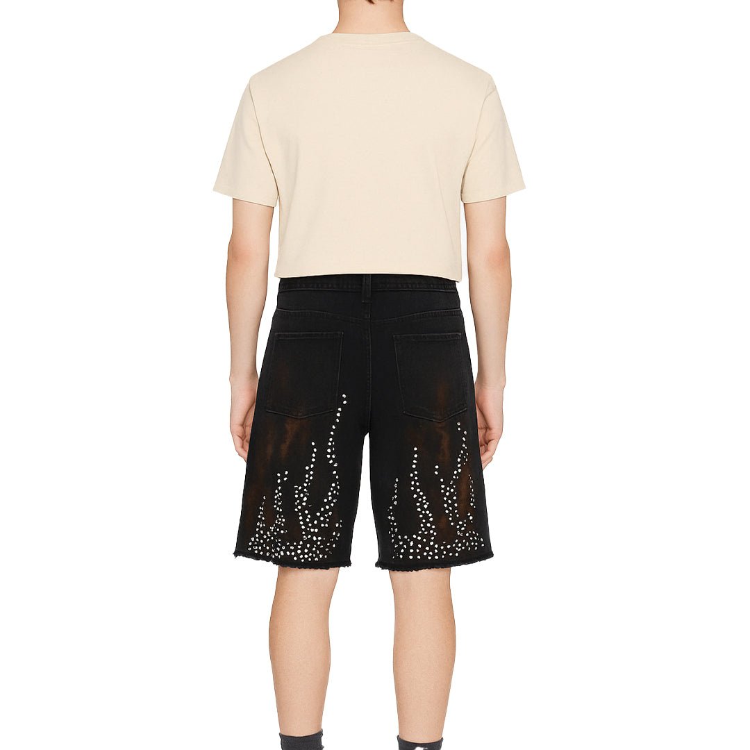 Flame Studded Denim Shorts - Thrashink